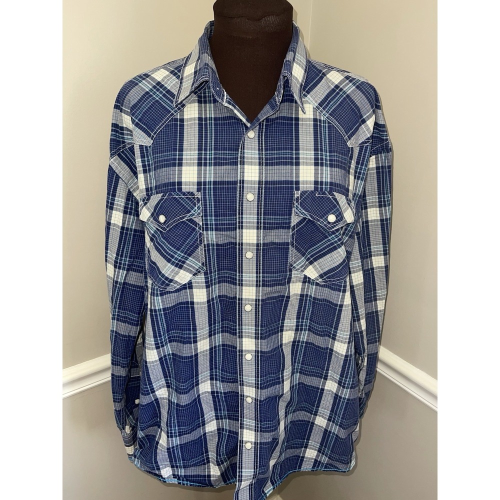 Panhandle Rough Stock Plaid Pearl Snap Western Shirt Cowboy Blue Mens Size‎ XL